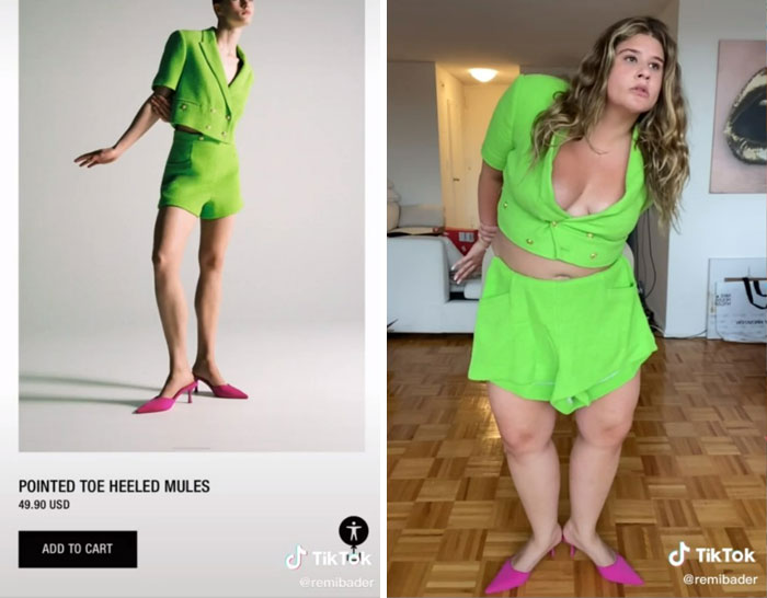 girl green outfit; Recreate poses of Zara models to show how ridiculous they are
