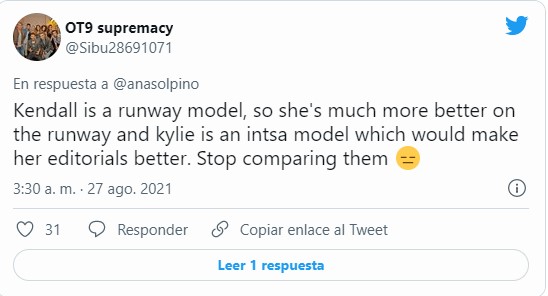 Comentarios en Twitter sobre la comparación de kendall con kylie 