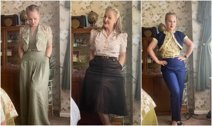 mujer con ropa vintage; Crea su propia ropa al estilo de 1940 porque detesta la moda actual
