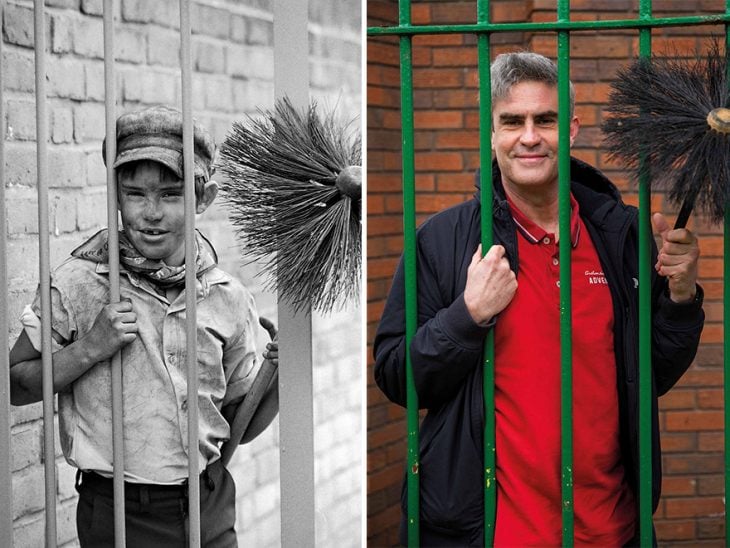 Hombre limpiador ; Chris Porsz Fotógrafo encuentra a personas que fotografío  hace años y logra recrear las imágenes