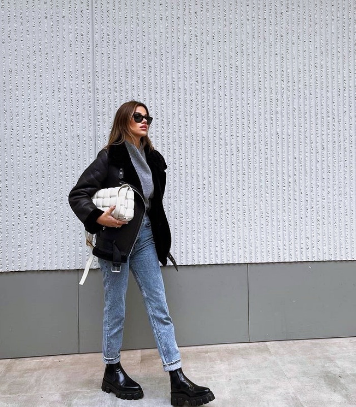 Girl, girl, girl with brown, dark, blonde, light hair, wearing jeans, sweater, pants, skirt, stockings and Christmas looks with coats and high boots