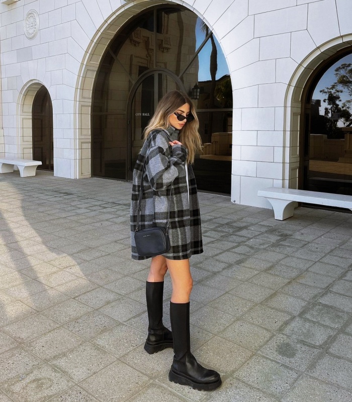 Girl, girl, girl with brown, dark, blonde, light hair, wearing jeans, sweater, pants, skirt, stockings and Christmas looks with coats and high boots