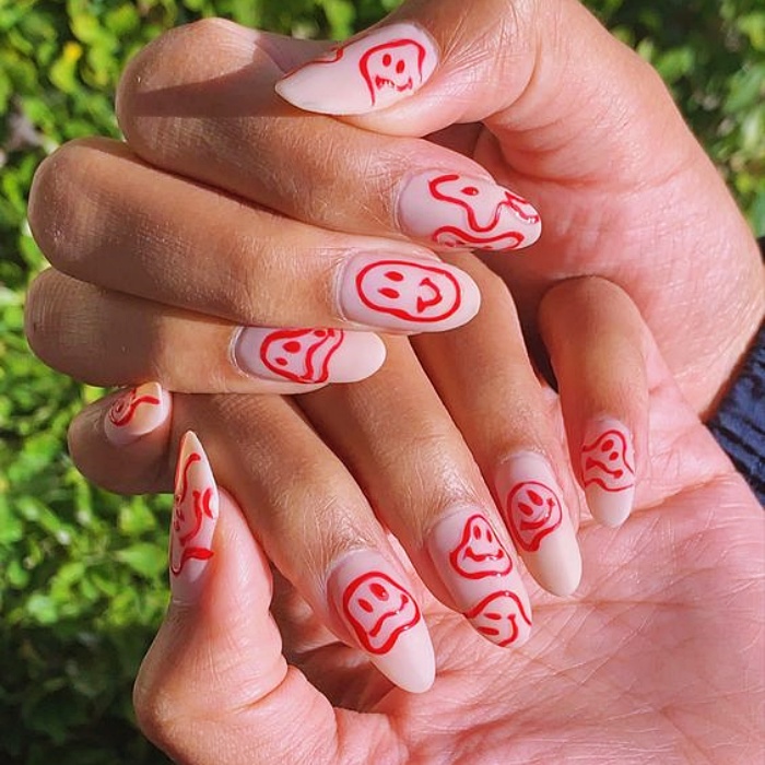 nail design with gelish, acrylics, false nails with happy faces, smiley face, in pink, blue, yellow, green and light blue