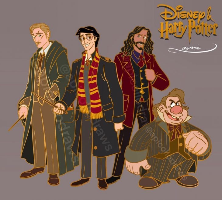 Rey Agnarr, Príncipe Eric, Tarzán y LeFou como Remus, James , Sirius y Pettigrew