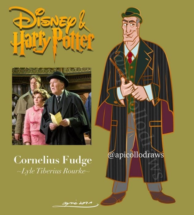 Comandante Lyle Tiberius Rourke como Cornelius Fudge; ¡El mejor crossover! Artista convierte a personajes Disney en protagonistas de Harry Potter