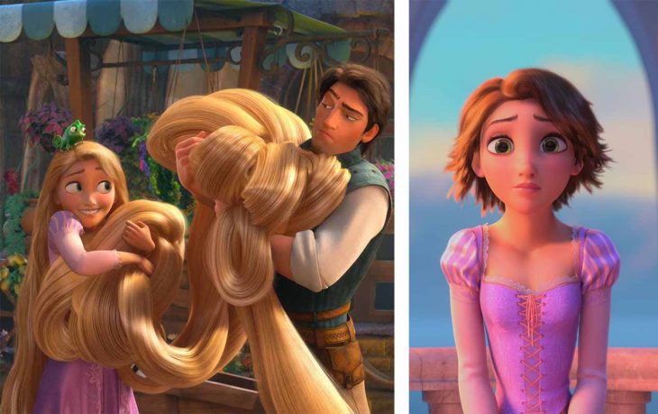 comparative image of rapunzel with long hair and short hair 