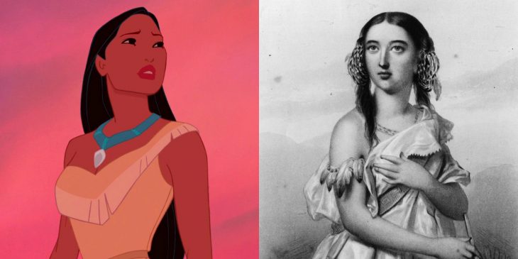 Disney's Pocahontas next to the person on whom the drawing was based