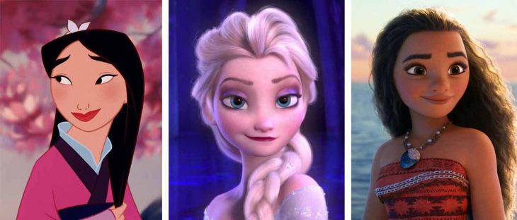 Imagen comparativa de Mulán, Elsa y Moana 