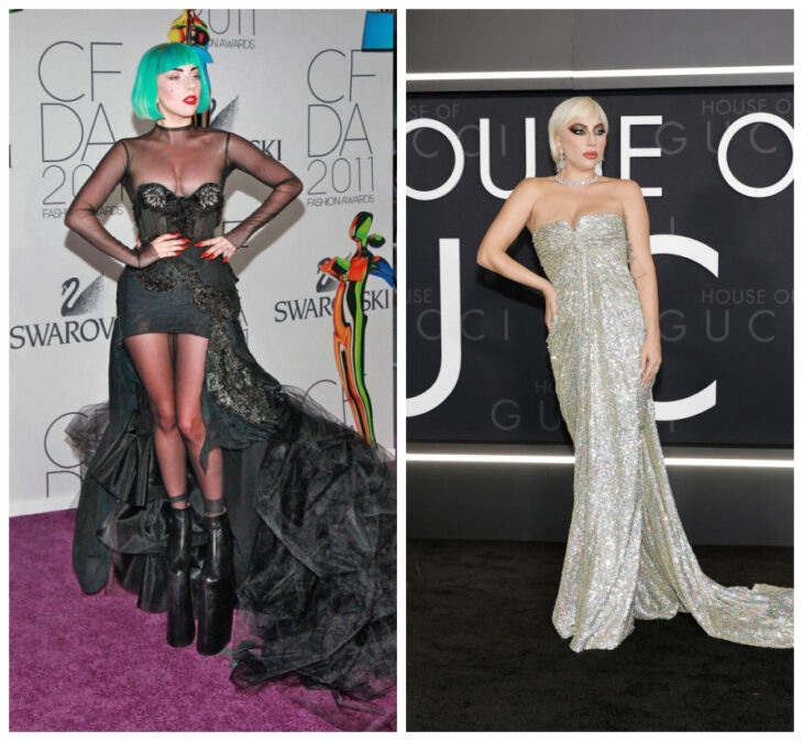 lady gaga en la alfombra roja de los CFDA en 2011 y en la premiere de House of Gucci en 2021