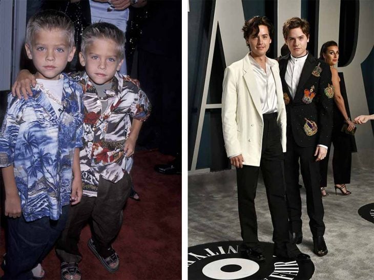 actores Dylan y Cole Sprouse en una foto de niños con una de adultos