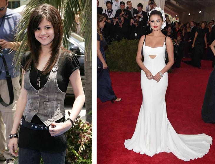 imagen comparativa de la actriz Selena Gomez de niña y de adulta