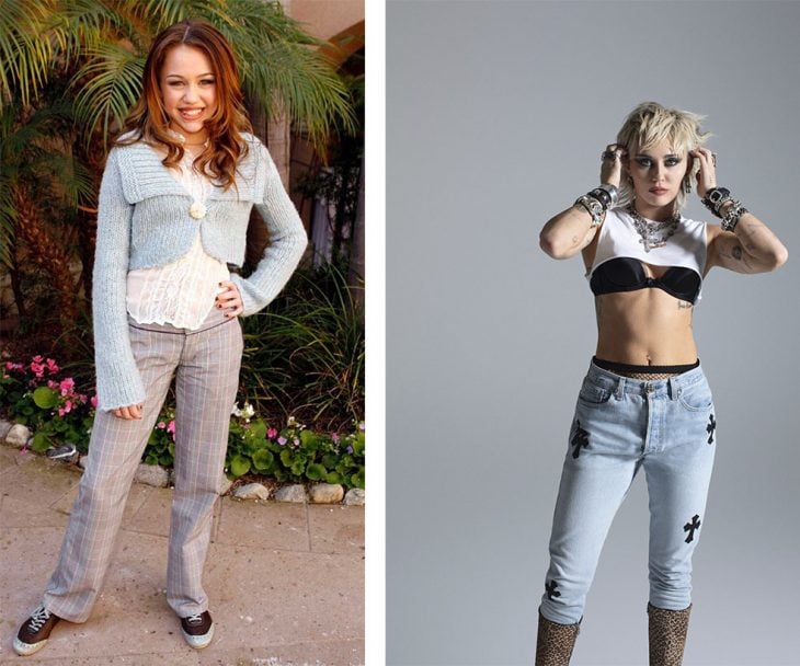 imagen comparativa de Myley Cyrus de adolescente y de adulta 