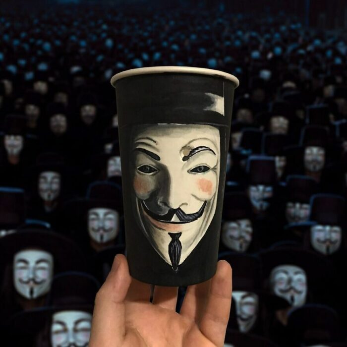 V for Vendetta ;Artist recreates beautiful works of art in paper cups and the result is beautiful 