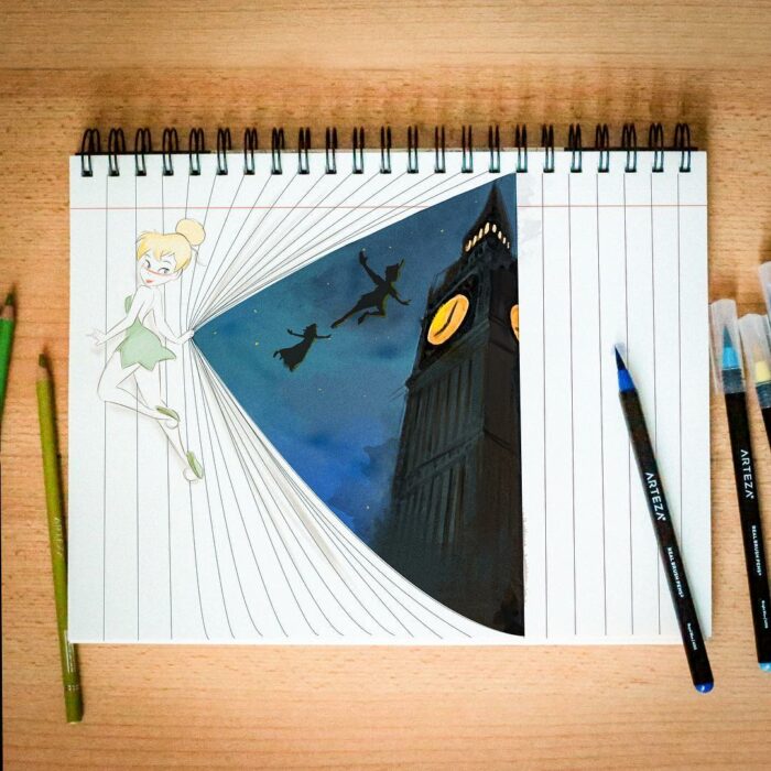 Peter Pan ;Artista combina personajes Disney con libreta a rayas y es genial