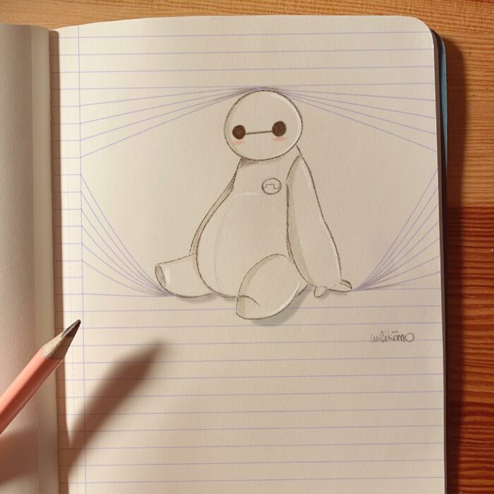 Baymax ;Artista combina personajes Disney con libreta a rayas y es genial