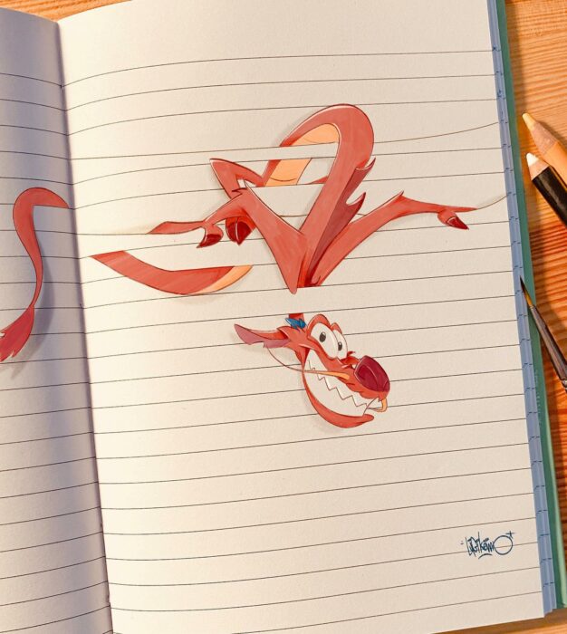 Mushu ;Artista combina personajes Disney con libreta a rayas y es genial