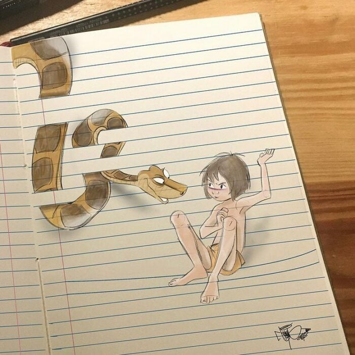Mowgli ;Artista combina personajes Disney con libreta a rayas y es genial