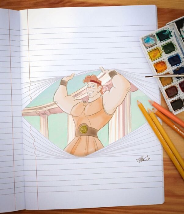 Hércules ;Artista combina personajes Disney con libreta a rayas y es genial