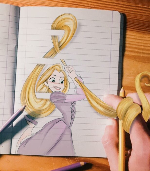 Rapunzel ;Artista combina personajes Disney con libreta a rayas y es genial