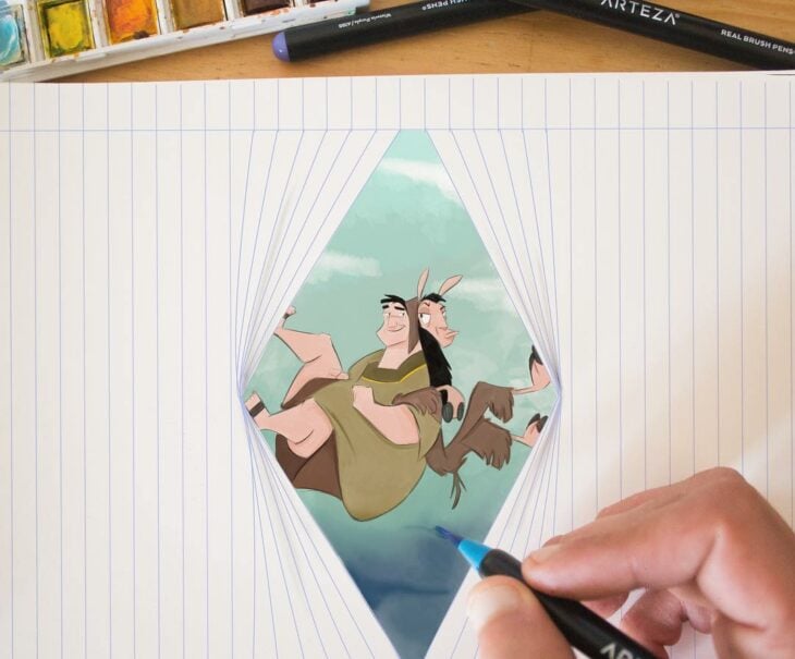 Las locuras del Emperador ;Artista combina personajes Disney con libreta a rayas y es genial