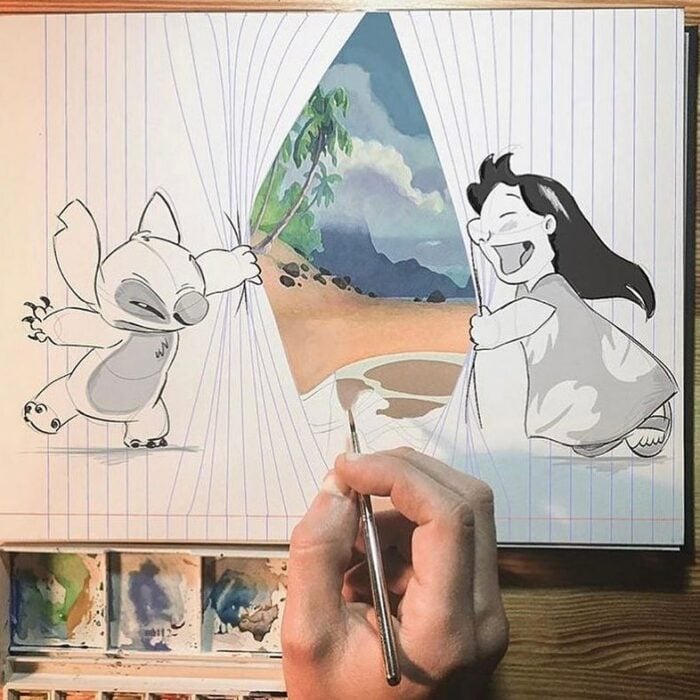 Lilo & Stitch ;Artista combina personajes Disney con libreta a rayas y es genial