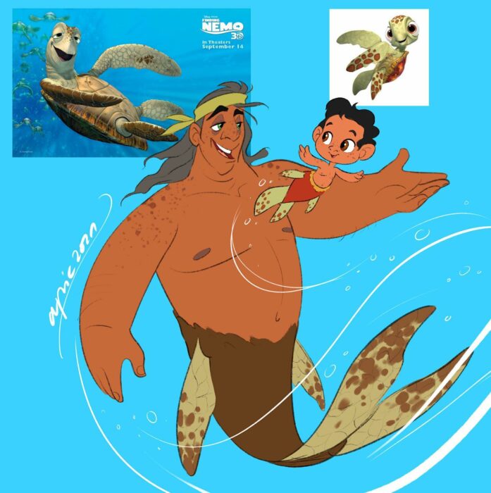 Chiqui y Crush ;Artista dibuja a los personajes de Buscando a Nemo como humanos y son bellísimos