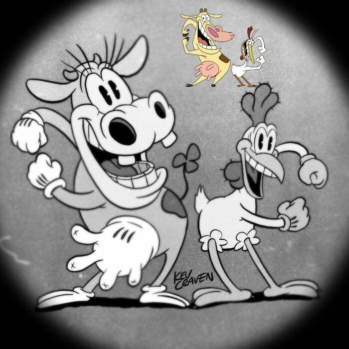 Dibujo de vaca y pollito si hubieran sido animados en la década de 1930