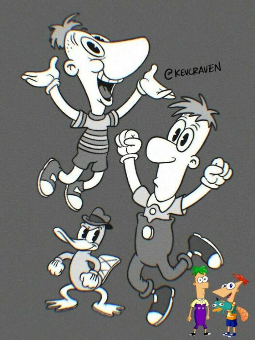 Dibujo de cómo serían Phines y Ferb si fueran de los años 30 