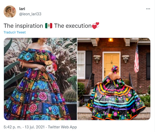 captura de pantalla de una chica que creo un vestido de fiesta folklórico en Estados Unidos 