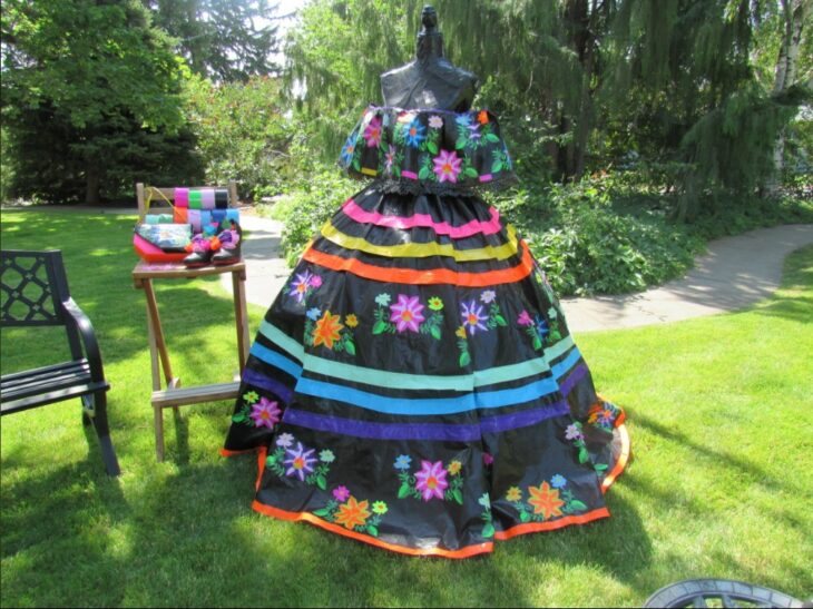 Colorful dress made with duct tape 