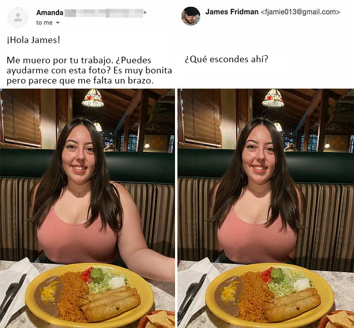 girl without arms; The 'Photoshop Troll' returned to edit the photos of his followers and makes the internet laugh