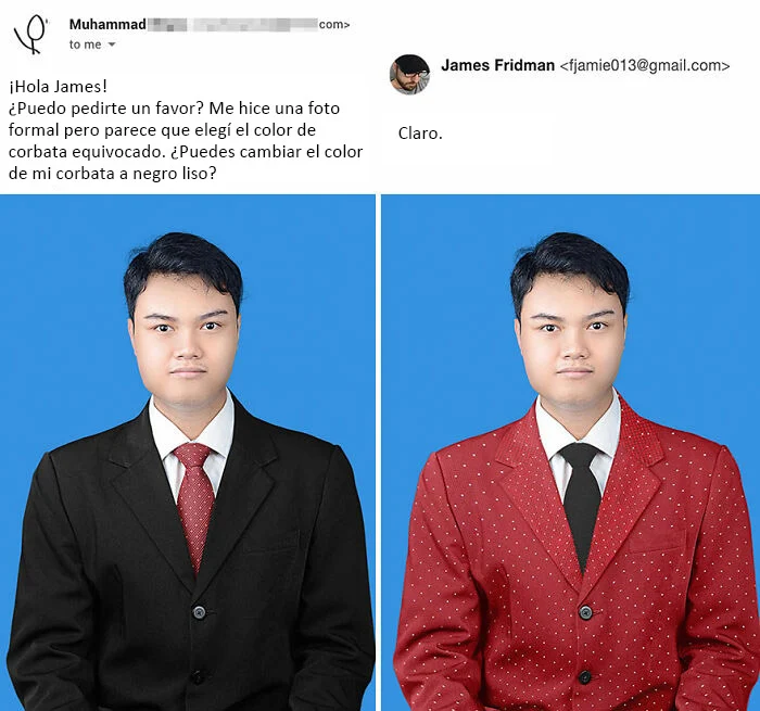 man in suit ;The 'Photoshop Troll' returned to edit the photos of his followers and makes the internet laugh