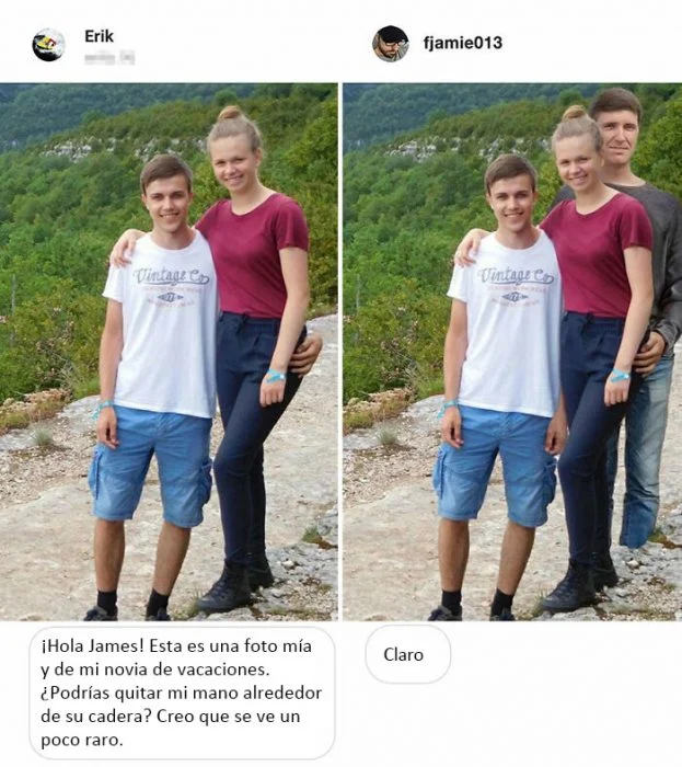 couple embracing; The 'Photoshop Troll' returned to edit the photos of his followers and makes the internet laugh