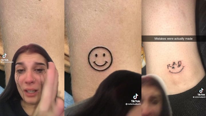 Chica frente a cámara; Ella dejó que su novio le hiciera su primer tatuaje y ahora se arrepiente