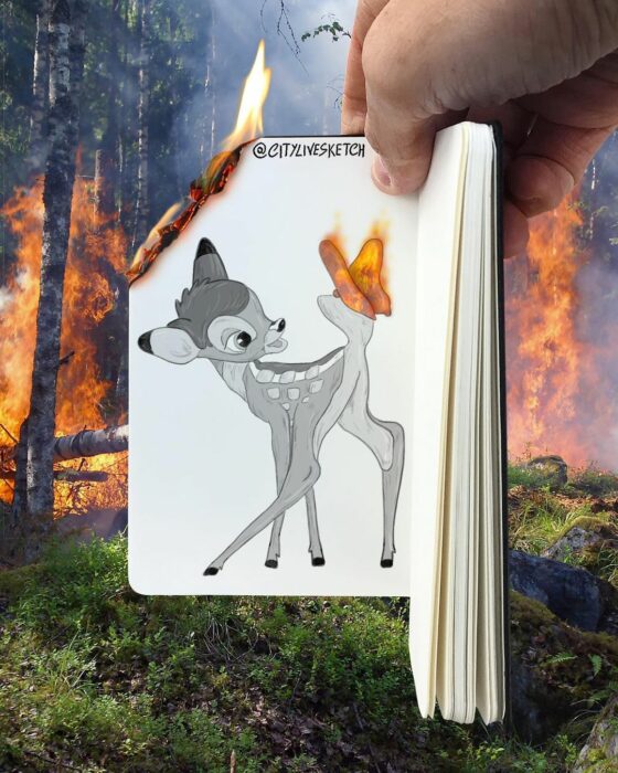 dibujo del personaje Bambi sobre una imagen de un bosque en llamas 