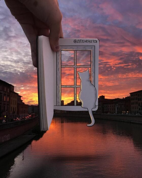 imagen del dibujo de un gato viendo un atardecer 