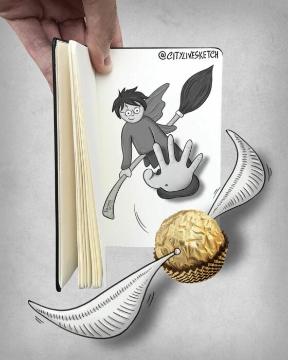 dibujo de Harry Potter siguiendo una snitch dorada hecha de un chocolate