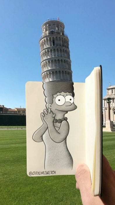 Dibujo de Marge Simpson donde la torre de pisa simula ser su cabello 