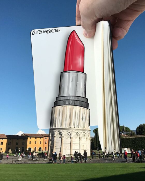 imagen de la torre de pisa fusionada con un dibujo de un labial