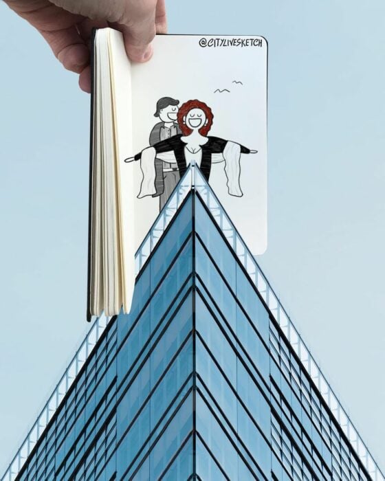 Dibujo de Jack y Rose del titanic sobre una imagen en Berlín 
