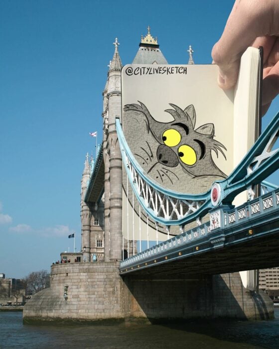 imagen de un puente en Londres fusionado con un dibujo del gato sonriente