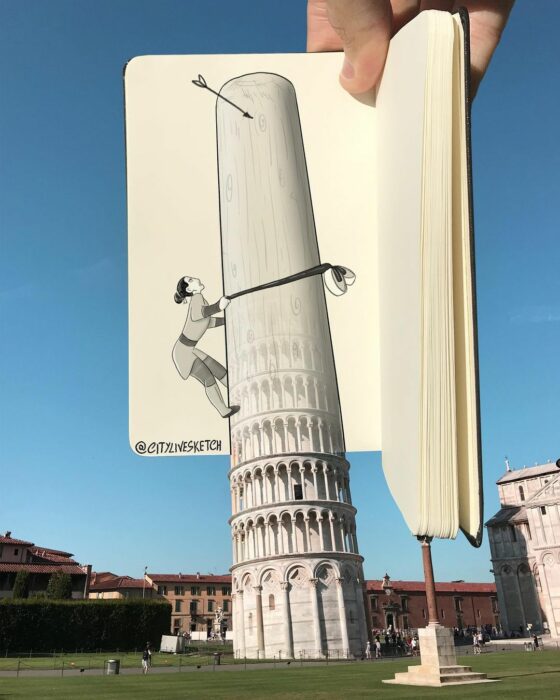 dibujo de Mulán subiendo la torre de pisa 