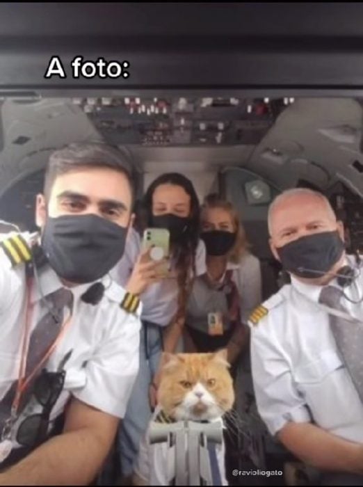 Tripulación de n avión en Brasil junto al gato vestido de piloto