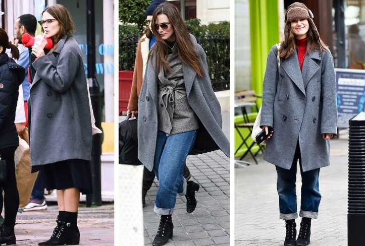 Keira Knightley usando un abrigo de color gris