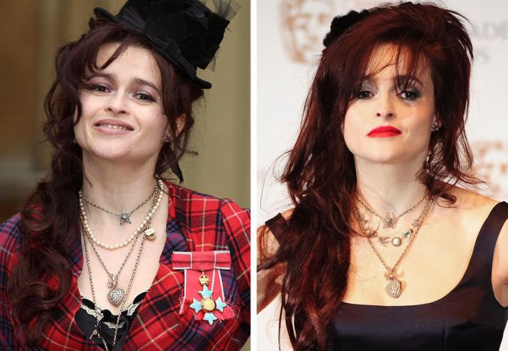 Helena Bonham Carter wearing a necklace in different ways 