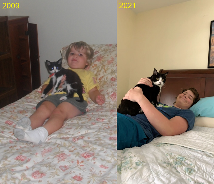 hombre cargando a su gato ;Fotos antes y ahora que nos traen el aroma de la nostalgia