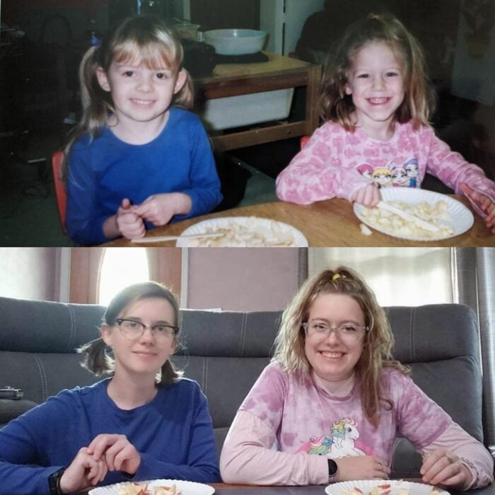 hermanas desayunando ;Fotos antes y ahora que nos traen el aroma de la nostalgia