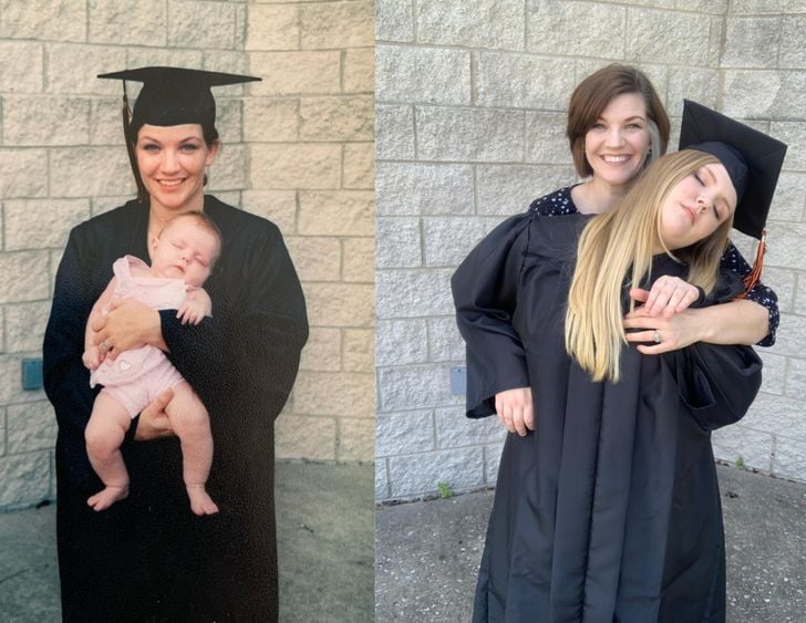 cargando a bebé en graduación ;Fotos antes y ahora que nos traen el aroma de la nostalgia