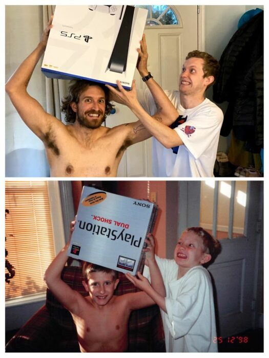 hermanos jugando con una caja ;Fotos antes y ahora que nos traen el aroma de la nostalgia