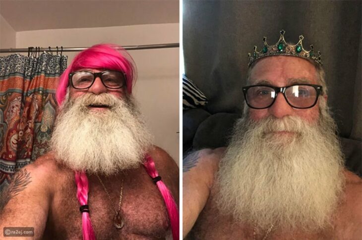 foto de un hombre con una corona y accesorios de niña en la barba y el cabello 